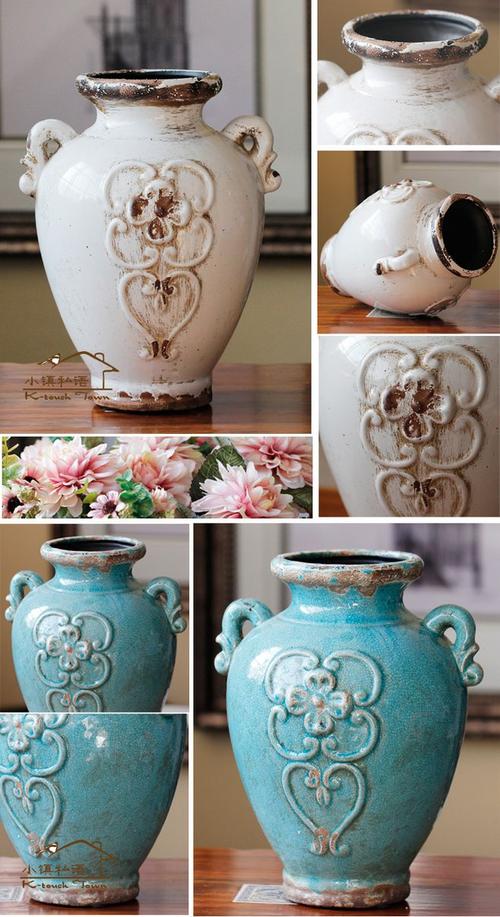 欧美乡村地中海家居饰品陶瓷摆件工艺品 做旧复古花瓶蓝白2款